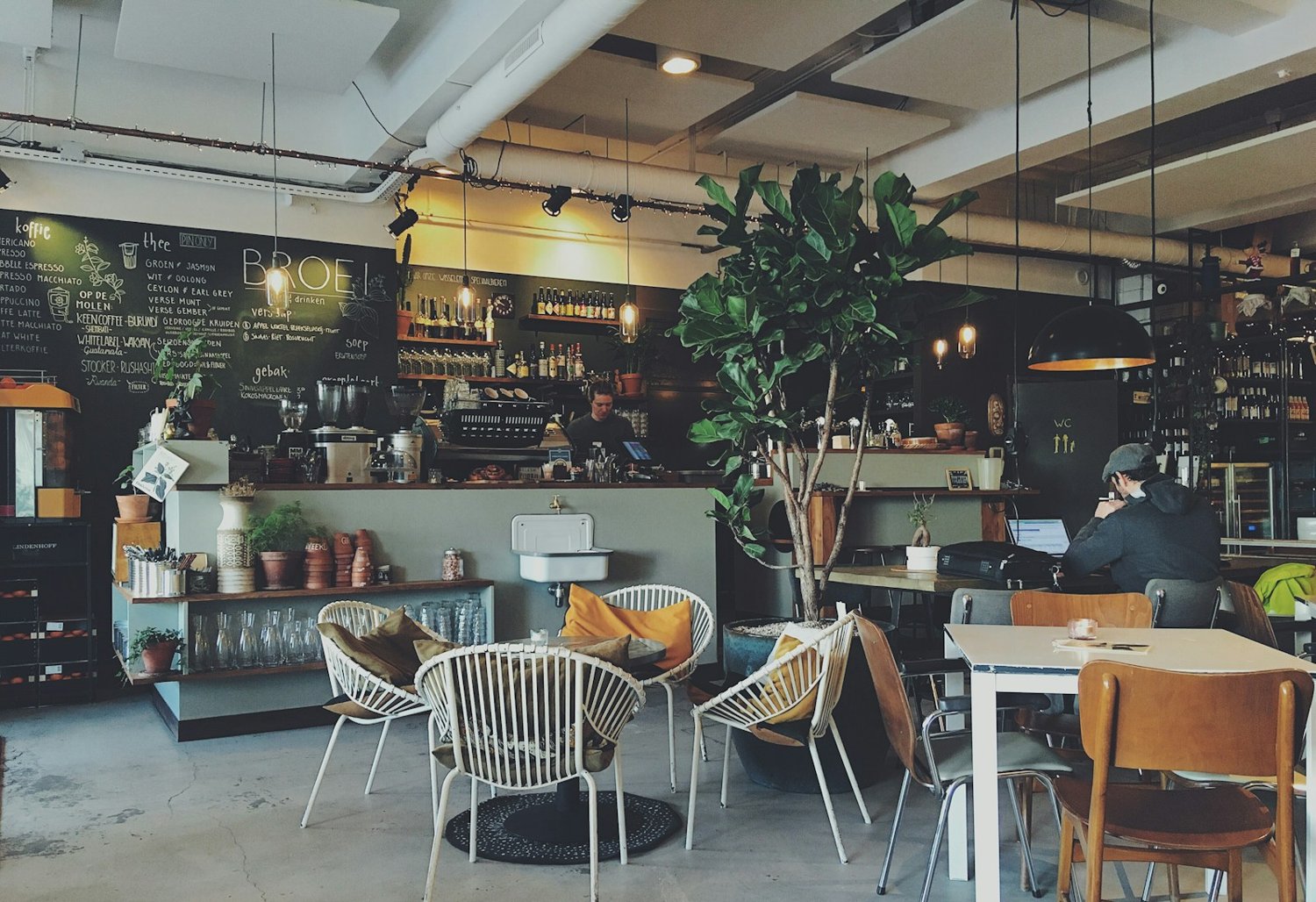 A warm café interior with timber furnishings and natural light