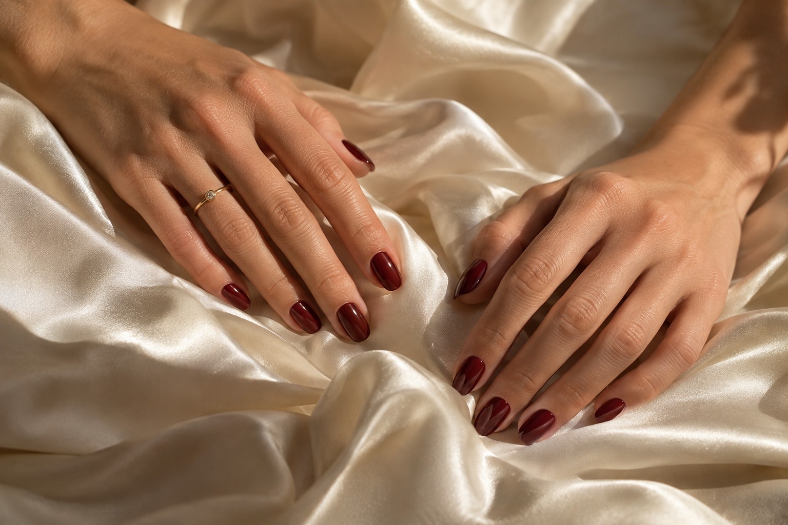 Glossy oxblood almond nails resting on softly folded ivory silk